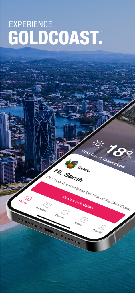 Experience Gold Coast - Smartphone displaying the home screen of the Experience Gold Coast travel app with a cityscape background.