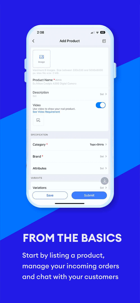 Interface for adding a new product listing on the Lazada Seller Center mobile app showing fields for name and category