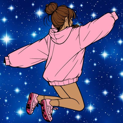 realistic girl jumping with a bun and oversized sweatshirt