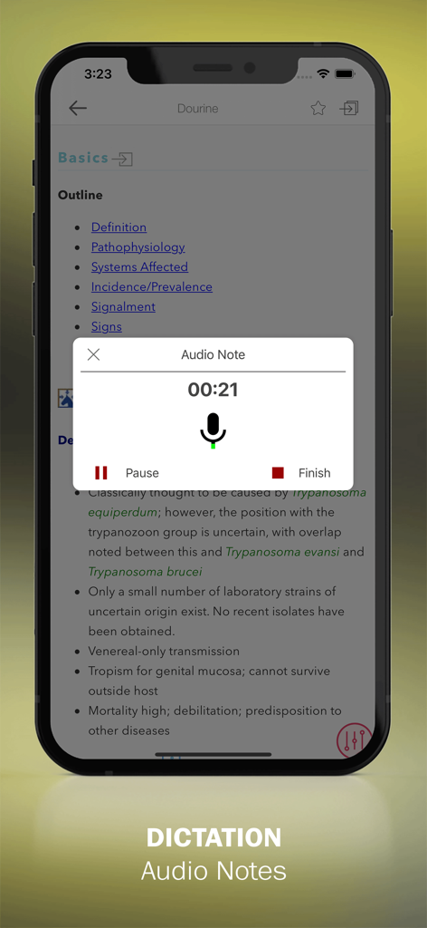 Interfaccia dell'app 5 Minute Veterinary Consult Equine Med che mostra la funzione di dettatura delle note audio