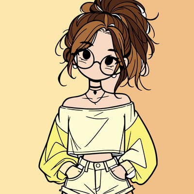 girl with a messy ponytail glasses a baggy crop top and jean shorts