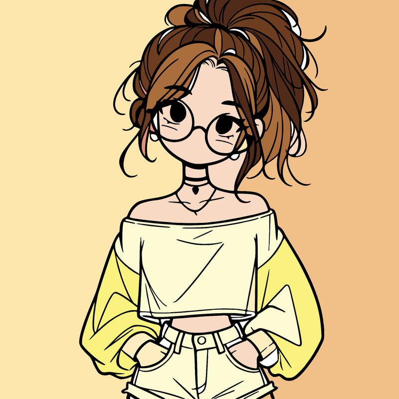 girl with a messy ponytail glasses a baggy crop top and jean shorts