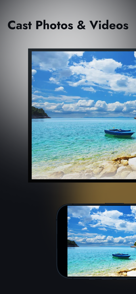 Smartphone casting a photo of a tropical beach to a smart TV screen