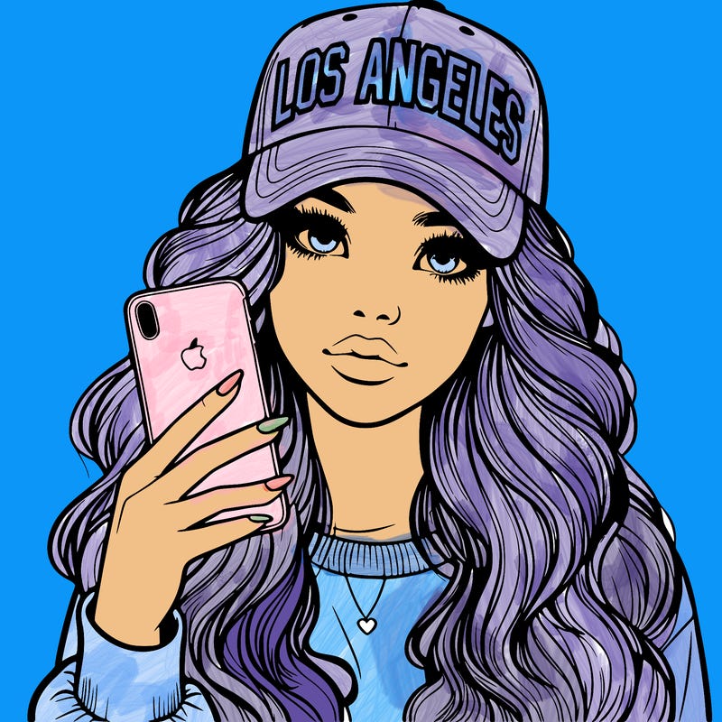 realistic beautiful girl wearing los ángeles cap holding an iphone