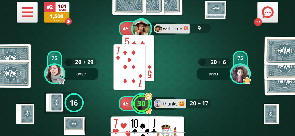 A four player game of Pisti Online showing player avatars scores and playing cards on a green table background