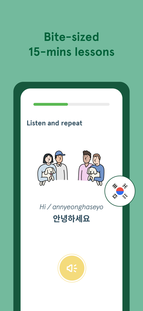 Bunpo app screen showing a bite sized Korean language lesson with the greeting annyeonghaseyo and audio practice