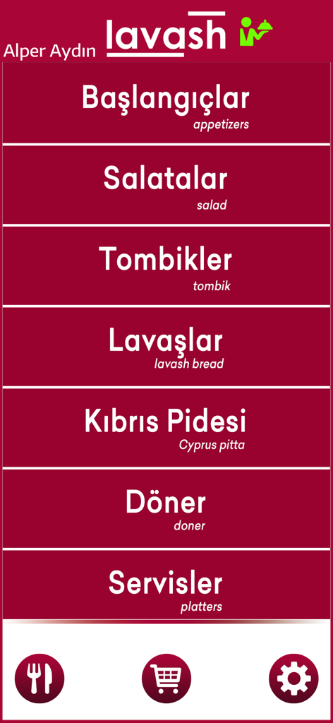 Screenshot of the Lavash Mobile ordering app displaying menu categories like appetizers, salads, and doner in Turkish and English.