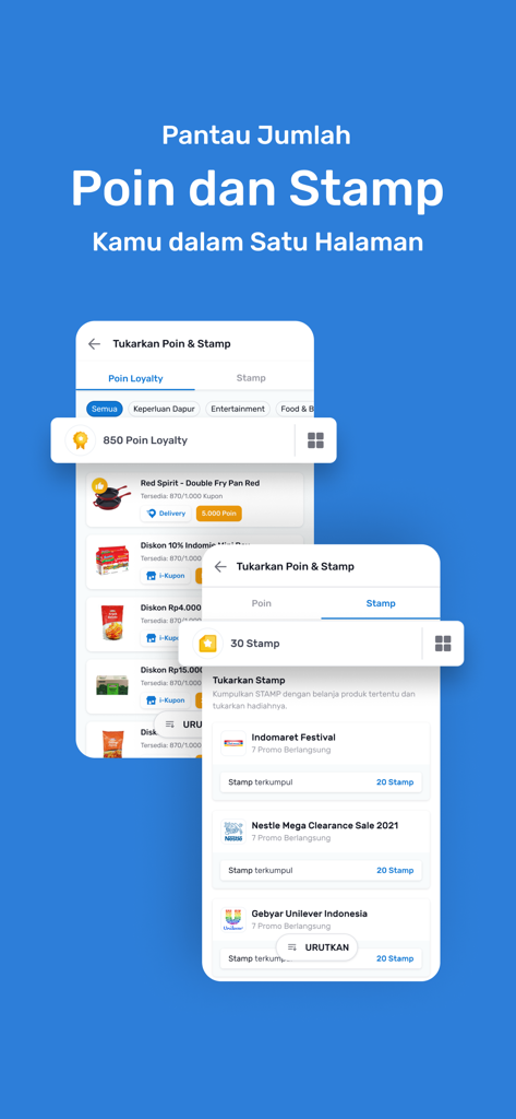 Interfaz de la aplicación móvil Indomaret Poinku mostrando el seguimiento de puntos de lealtad y sellos de recompensa