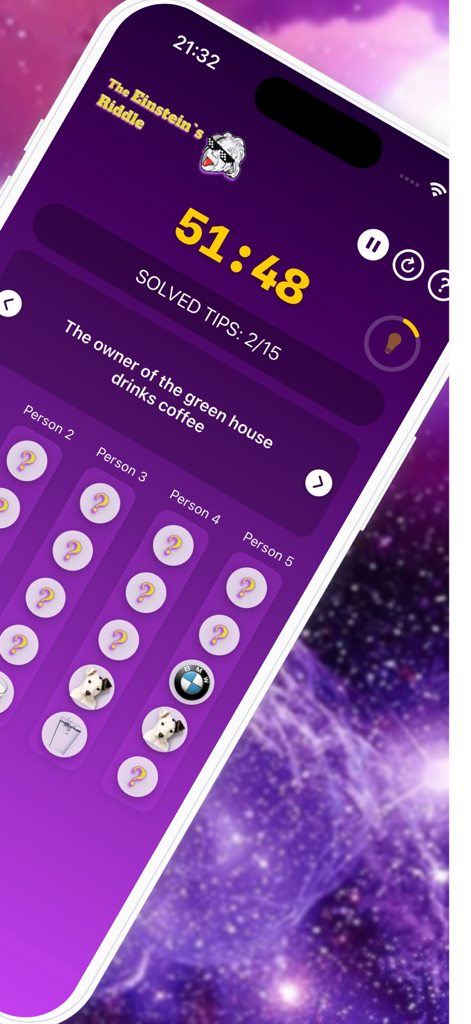 Eine Logik-Gitterrätsel-Oberfläche aus dem Spiel 'Das Einstein-Rätsel', die Hinweise und Schlussfolgerungen zeigt