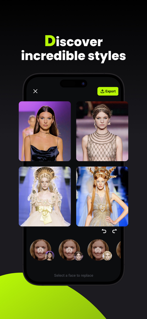 FaceSwapper app interface showing high-fashion runway outfits for AI face swapping