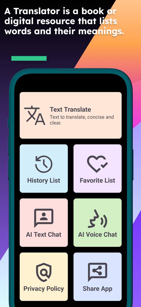 English Twi Translator - Hauptmenü der Englisch Twi Übersetzer App mit Übersetzungs- und Historienfunktionen