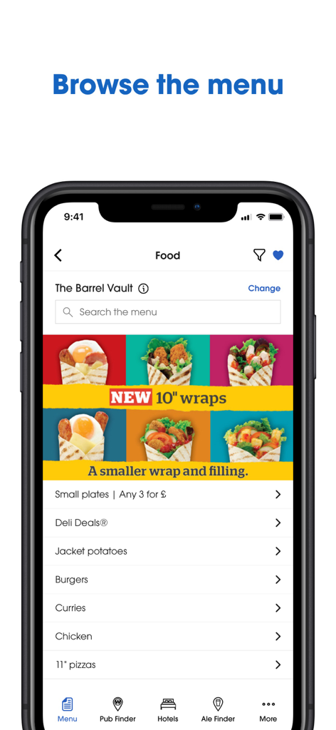 Smartphone screen showing the Wetherspoon app food menu with categories like small plates and burgers.