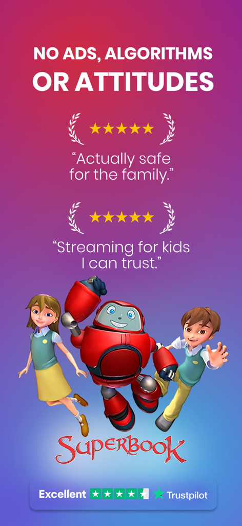 Yippee TV: Christian Kids App - Yippee TV promotional screen featuring Superbook characters and parent reviews highlighting safe faith-based streaming for children