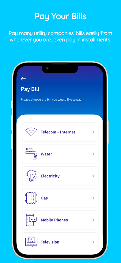 OlduBil - OlduBil mobile app screen showing options to pay utility bills for internet, water, electricity, gas, mobile phones, and television