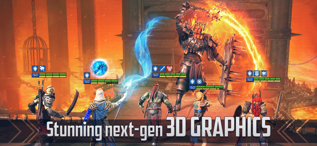 A group of champions fighting a giant armored boss in a fiery dungeon with stunning 3D graphics