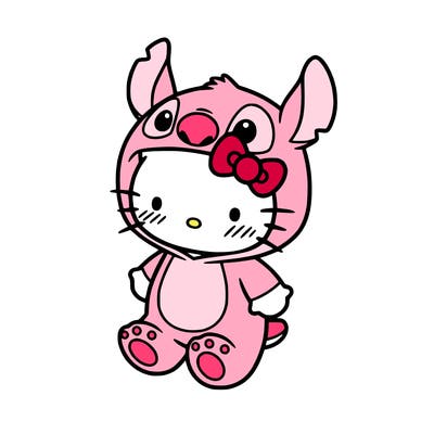 little cute hello kitty, blushing with little stitch costume