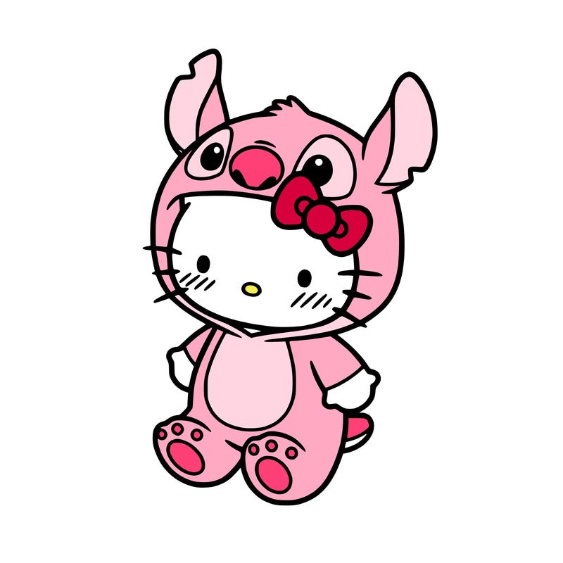 little cute hello kitty, blushing with little stitch costume
