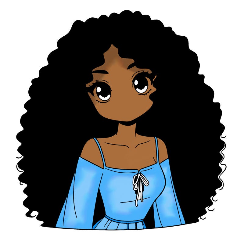 a black anime girl with long afro hair