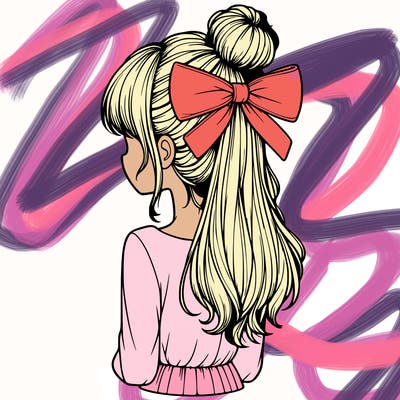 realistic girl  with hip length hair a bun and a big bow on the back of head