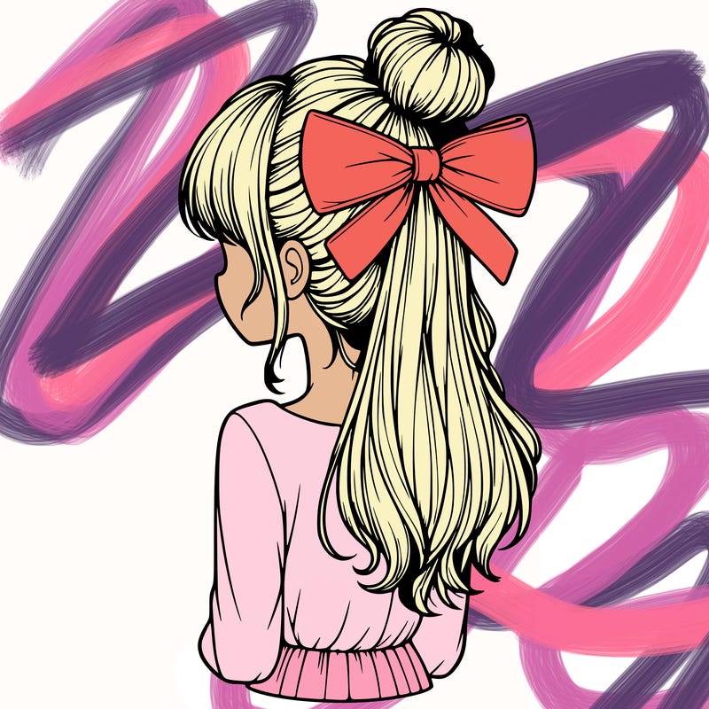 realistic girl  with hip length hair a bun and a big bow on the back of head