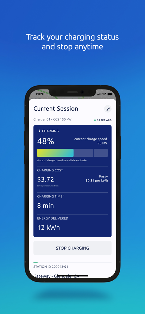 Electrify America - Interfaz de la aplicación móvil Electrify America que muestra el progreso de carga del vehículo eléctrico en tiempo real y los detalles de la sesión.