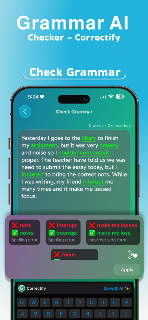 Grammar AI Checker-Correctify - Interfaz de la aplicación Grammar AI Checker Correctify mostrando correcciones de gramática y ortografía en un teléfono móvil
