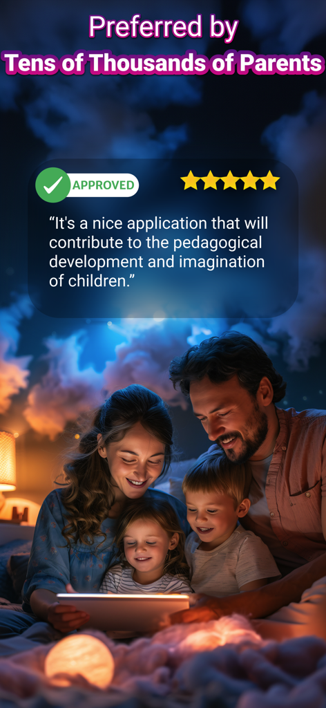 TellPal: Kids Bedtime Stories - A family reading together at bedtime with a five star review of the TellPal app