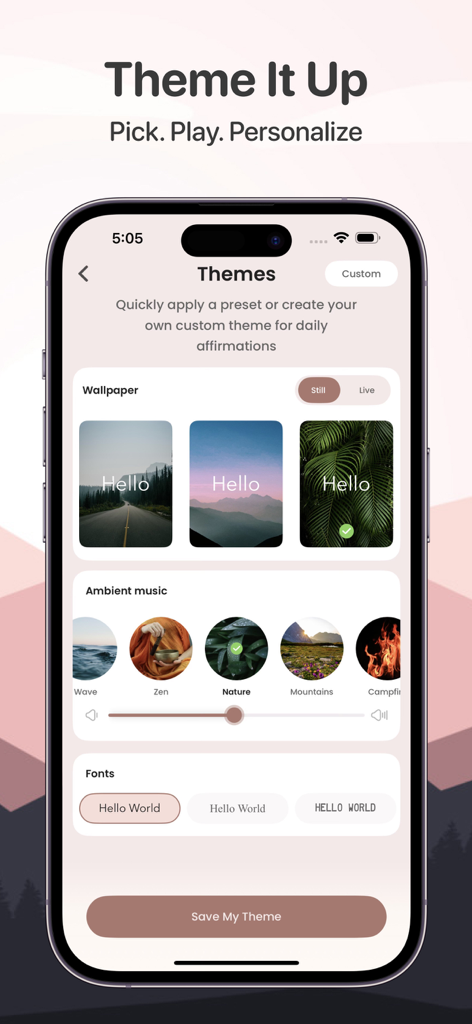 Daily Affirmations: Life Quote - Pantalla de personalización de tema con opciones de fondo de pantalla y música ambiental en la aplicación Afirmaciones Diarias