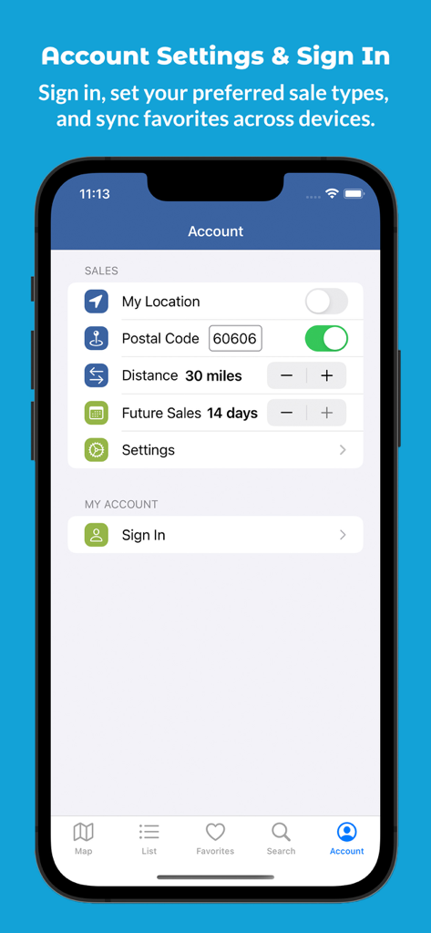 Account settings screen in the EstateSales.NET app showing distance and postal code search filters