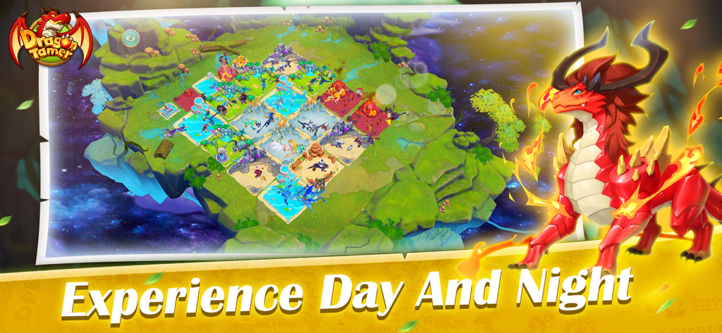 Dragon Tamer: Genesis - Dragon Tamer Genesis gameplay screenshot showing a dragon island and a red fire dragon with the caption Experience Day and Night