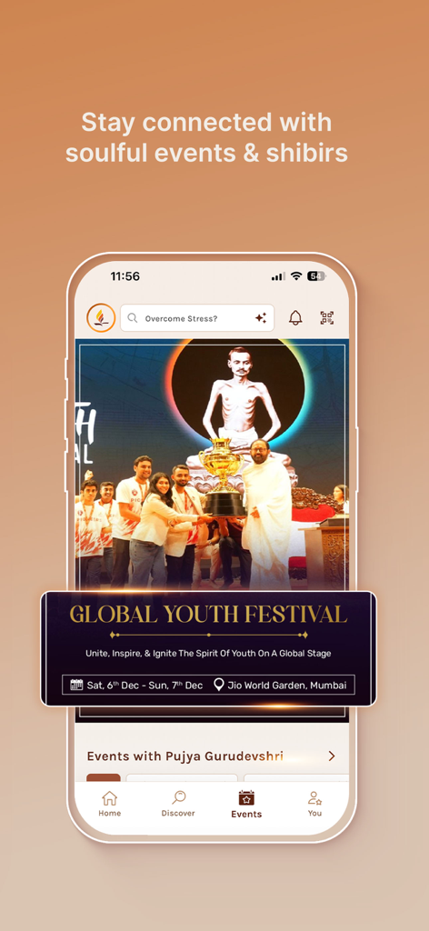 Self Connect by SRMD - Un smartphone que muestra la página de eventos de la aplicación Self Connect con una función para el Festival Global de la Juventud