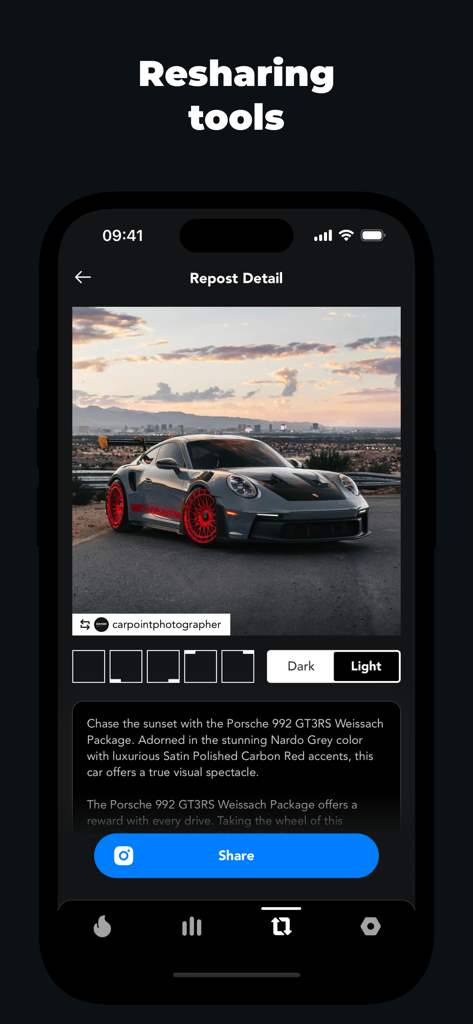 Gramly - Un teléfono móvil mostrando las herramientas de republicación de la aplicación Gramly con una vista previa de publicación lista para compartir.