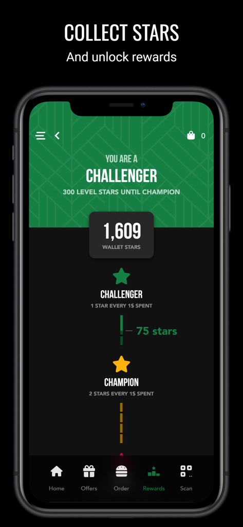Roadster Diner - Pantalla del programa de recompensas de lealtad de la aplicación Roadster Diner mostrando estrellas acumuladas y el progreso del usuario de 'Challenger' a 'Champion'.