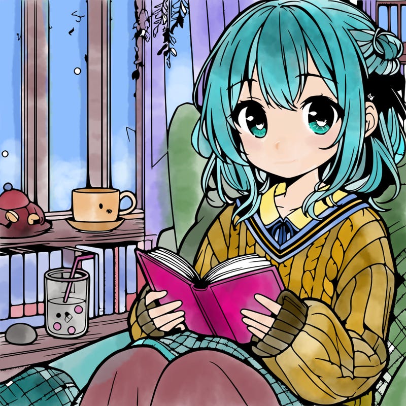 detailed anime girl cozy with a book