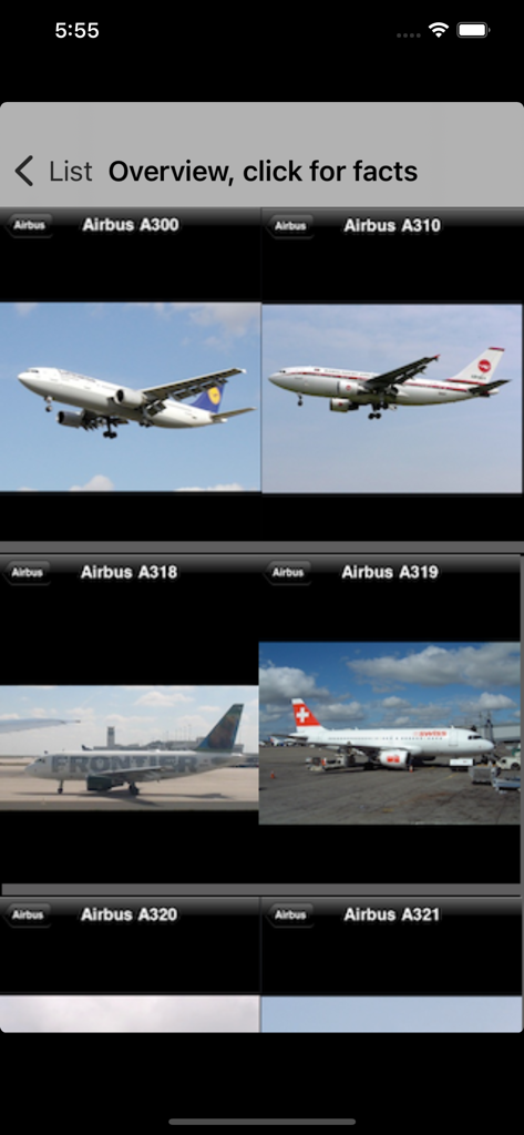 JetID - A grid display of different Airbus jet models including photos and names in the JetID app