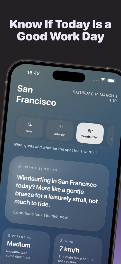 Weather Assistant AI app interface showing windsurfing specialist mode and personalized forecast advice for San Francisco