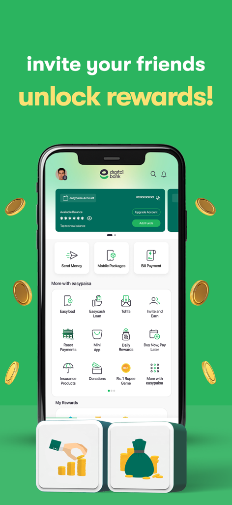 Easypaisa digital bank app home screen showing invite friends rewards and various financial services