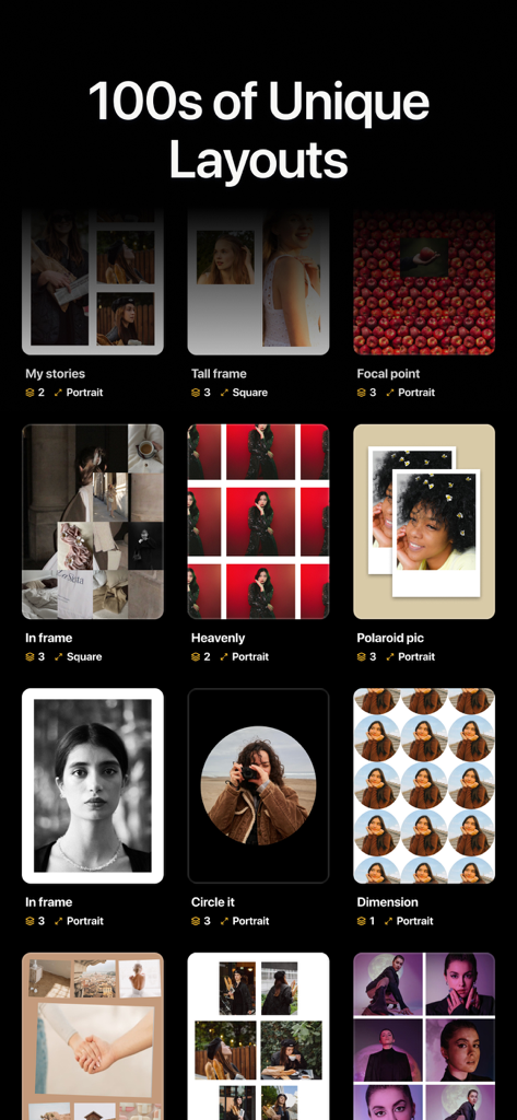 Blend: Combine Photo Layers - A collection of diverse photo layout templates including collages, Polaroid styles, and circular frames for social media.