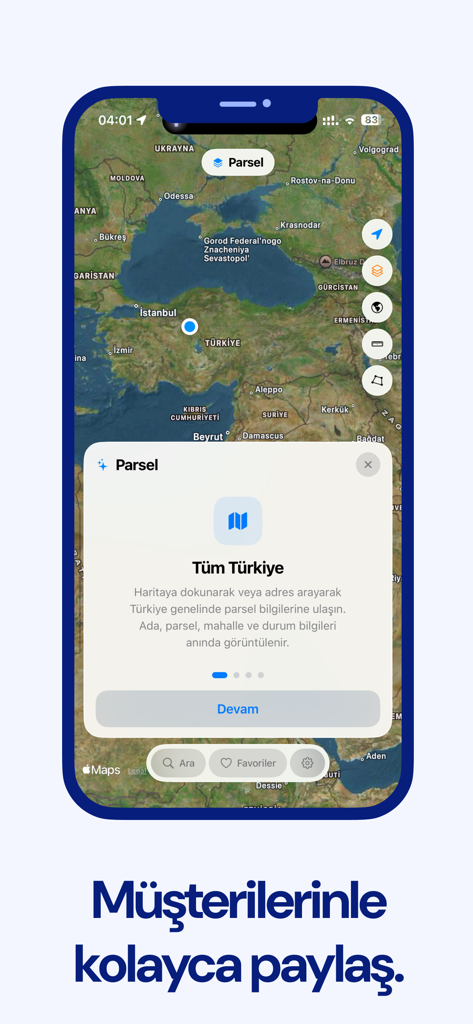 Map view of Turkey in the Parsel app for land registry and parcel search