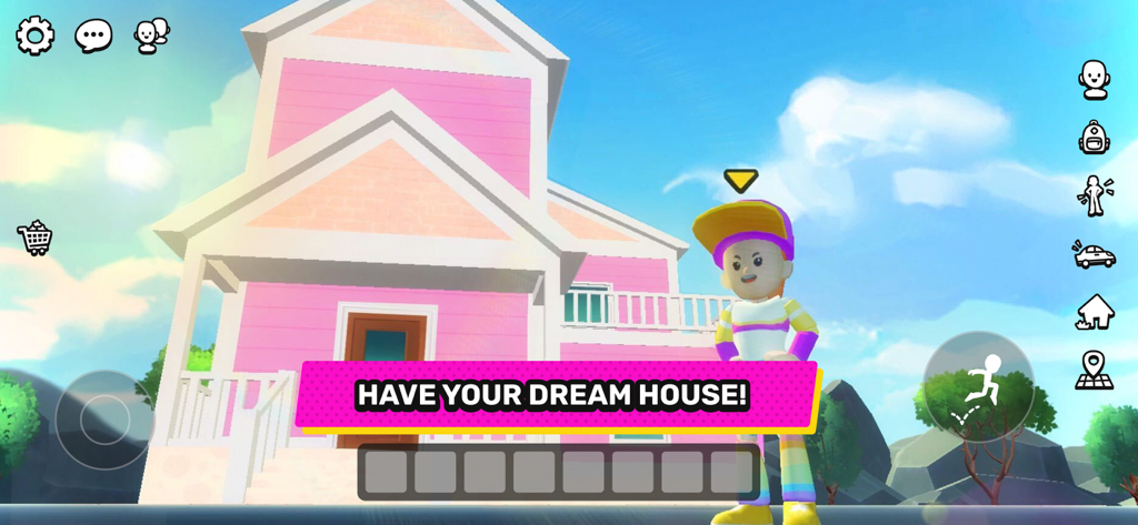 XDRP - XDRP 소셜 샌드박스 게임의 거대한 분홍색 가상 꿈의 집 앞에 서 있는 캐릭터