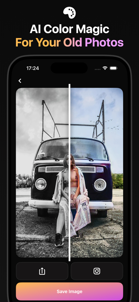 A split screen showing a black and white vintage photo being transformed into a color image using the PixLab AI Photo Colorizer feature.