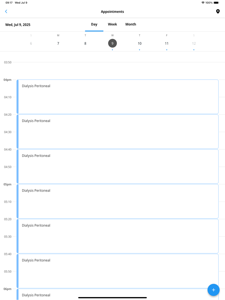 Profile hCare - Profile hCare iPad app interface showing a daily appointment schedule for home care visits including dialysis peritoneal sessions.