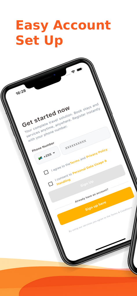タンザニアの旅行アプリ、テンポ・アフリカの簡単なアカウント設定と登録画面を表示するスマートフォン