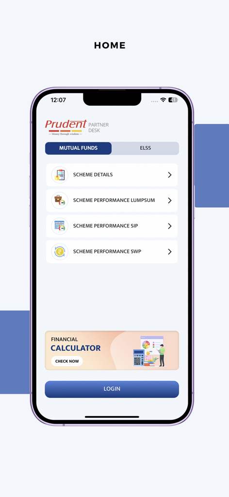 Prudent Partner Desk - Tela inicial do aplicativo móvel Prudent Partner Desk exibindo ferramentas de desempenho de fundos mútuos e opções de calculadora financeira