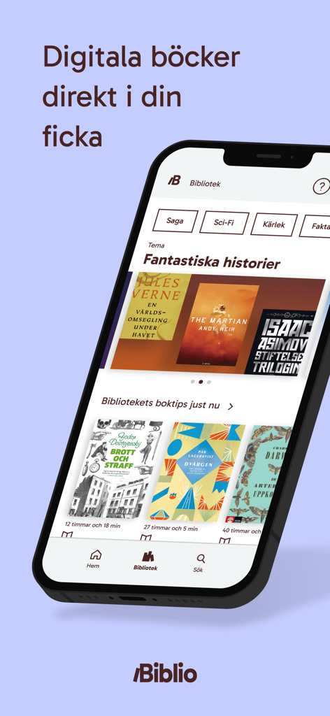 Biblio - Interfaz de la aplicación Biblio en un smartphone mostrando categorías de libros digitales y recomendaciones