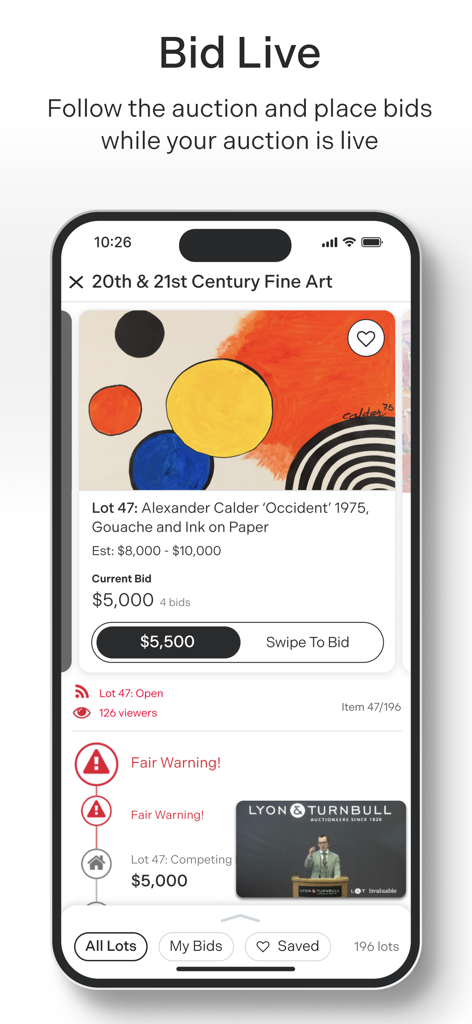 Invaluable Auctions: Bid Live - Mobile Benutzeroberfläche der Invaluable Auctions App, die einen Live-Auktionsbildschirm für ein Gemälde mit einer Swipe-to-Bid-Schaltfläche zeigt