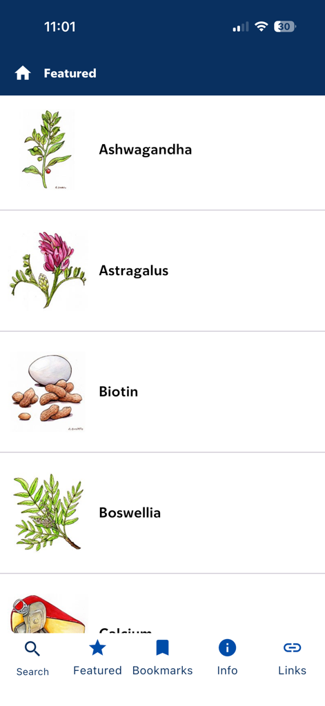 A list of featured herbs and supplements including Ashwagandha and Astragalus with botanical illustrations in the About Herbs app.
