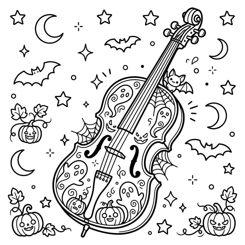 Celebrate Halloween with this delightful coloring page featuring a cello adorned with festive spooky elements. Designed for toddlers, its thick lines and large shapes make it perfect for young artists to explore colors.