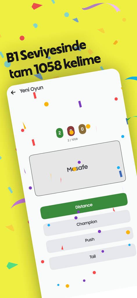 B1 - Ingilizce Kelimeler - A mobile app interface showing a Turkish to English vocabulary quiz with the word Mesafe and multiple choice options including Distance