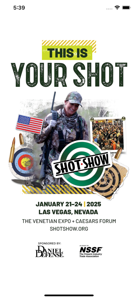 SHOT Show Mobile - SHOT Show 2025 mobile app splash screen featuring event dates and location in Las Vegas